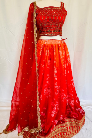 ORANGE EMBROIDERED FLORAL SCOOP LEHENGA SET