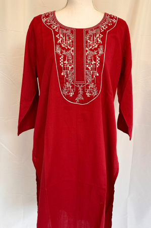 RED COTTON KURTA WITH NECK EMBROIDERY